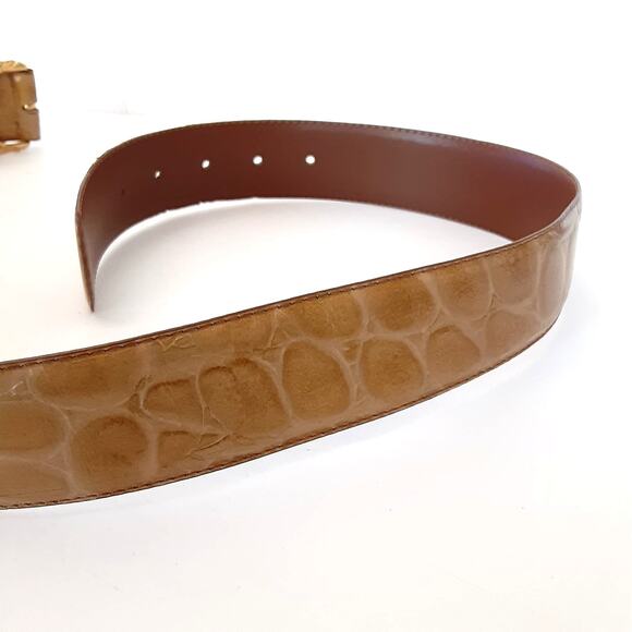 Vintage 80s Reptile Croco Belt Carmel Genuine Leather Gold Coin Buckle Sz L - Picture 2 of 11